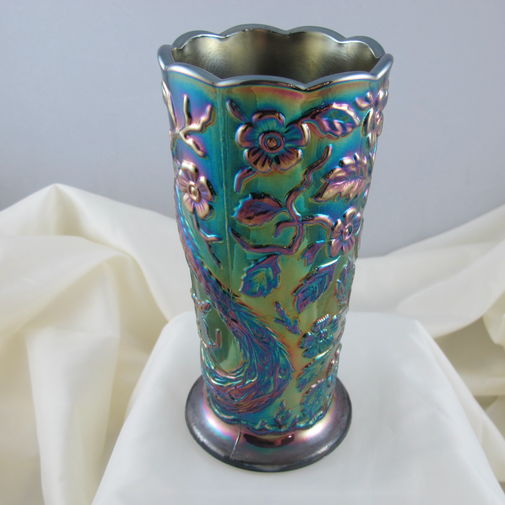 Fenton Dark Amethyst Peacock Garden Carnival Glass Vase 8257 CN