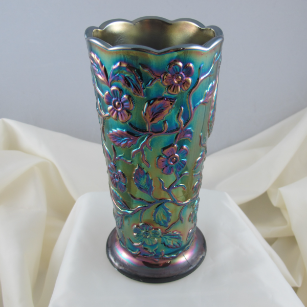 Fenton Dark Amethyst Peacock Garden Carnival Glass Vase #8257 CN