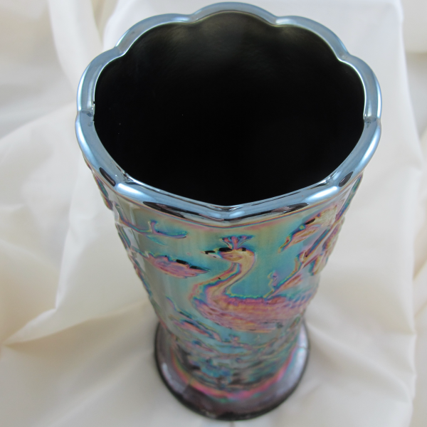 Fenton Dark Amethyst Peacock Garden Carnival Glass Vase #8257 CN