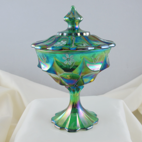 Fenton Spruce Green Painted Carnival Glass Lidded Candy Dish - Ltd Edition
