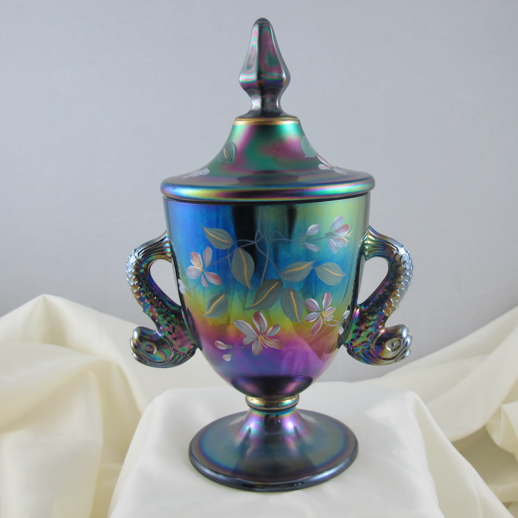 Fenton Black Amethyst Double Dolphins Painted Carnival Glass Candy Jar