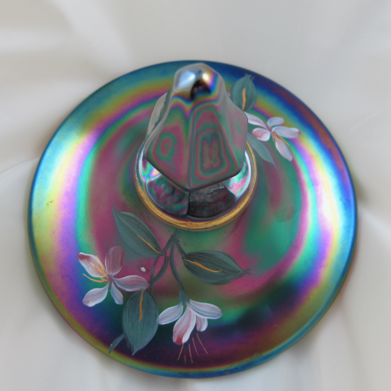 Fenton Black Amethyst Double Dolphins Painted Carnival Glass Candy Jar