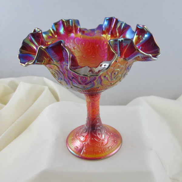 Fenton Red Persian Medallion Carnival Glass Crimped Ruffled Compote