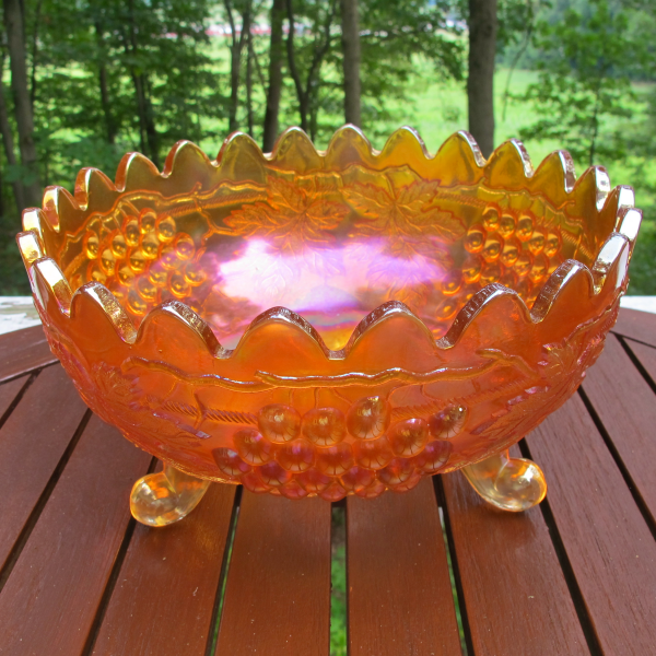 Antique Northwood Grape & Cable Pumpkin Marigold Carnival Glass Centerpiece Bowl - Points Up!