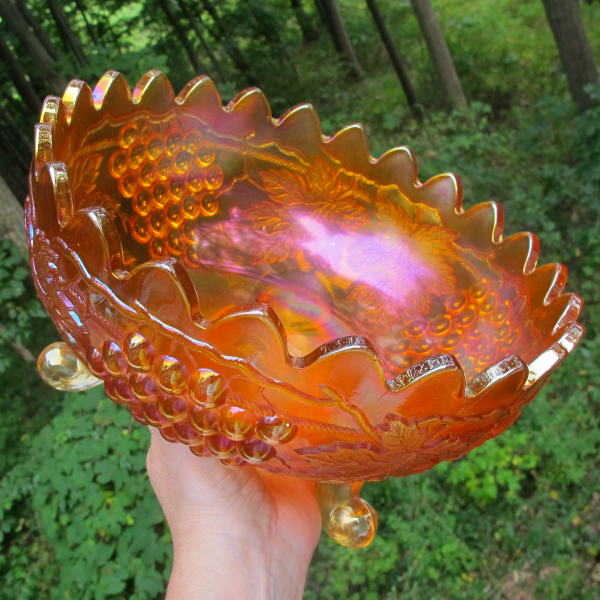 Antique Northwood Grape & Cable Pumpkin Marigold Carnival Glass Centerpiece Bowl - Points Up!