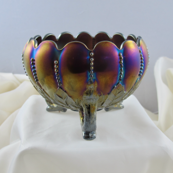 Antique Northwood Amethyst Leaf & Beads Carnival Glass Rose Bowl - Swirled