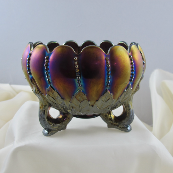 Antique Northwood Amethyst Leaf & Beads Carnival Glass Rose Bowl - Swirled