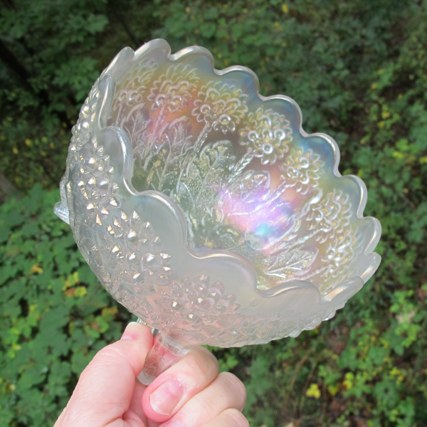 Antique Fenton Fenton’s Flowers White Carnival Glass Nut Bowl – RARE COLOR!