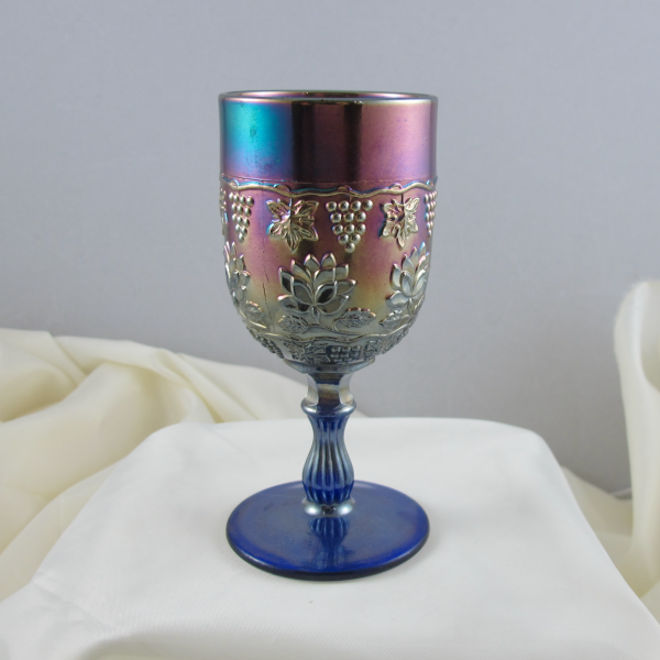 Antique Fenton Blue Wine & Roses Carnival Glass Wine Goblet