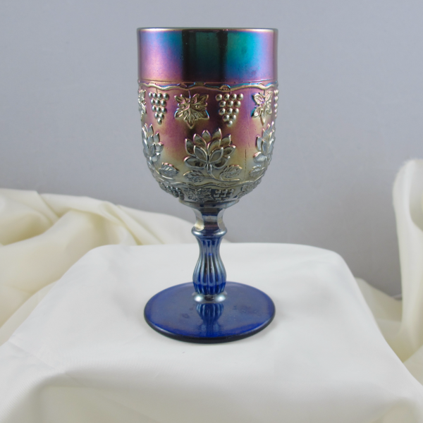 Antique Fenton Blue Wine & Roses Carnival Glass Wine Goblet