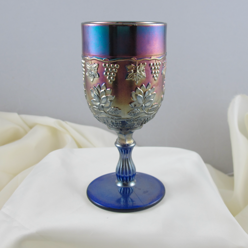 Antique Fenton Blue Wine and Roses Carnival Glass Wine Goblet