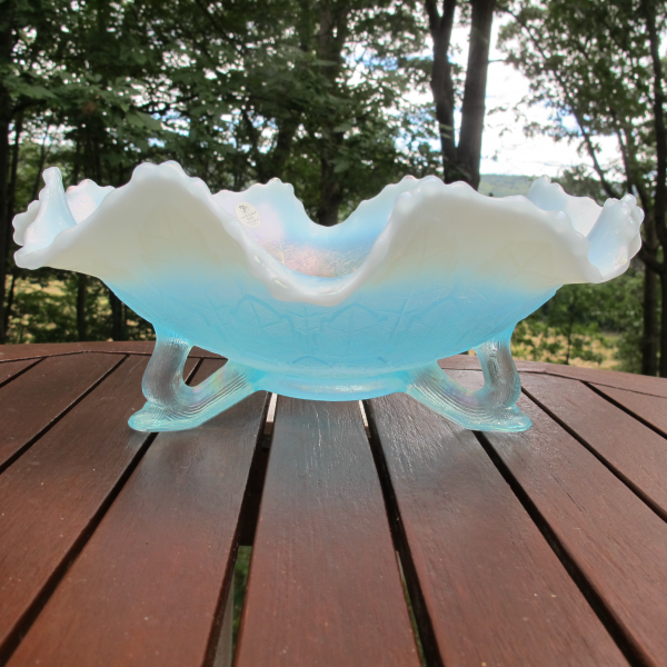 Fenton Ice Blue Opal Leaf Tiers Carnival Glass Large Bowl