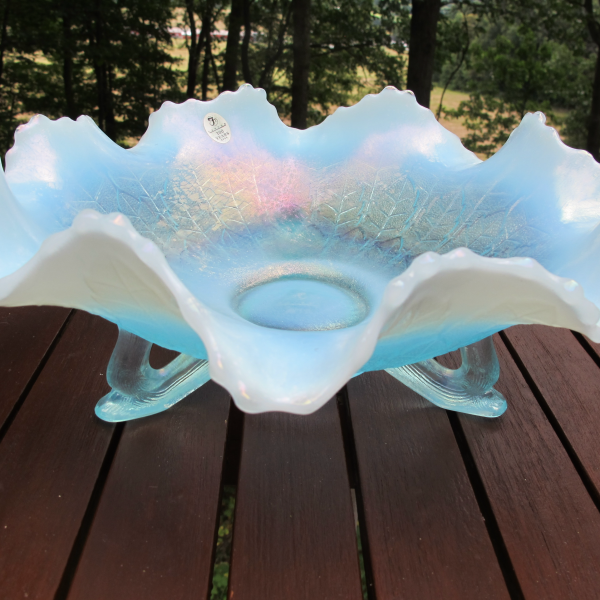 Fenton Ice Blue Opal Leaf Tiers Carnival Glass Large Bowl