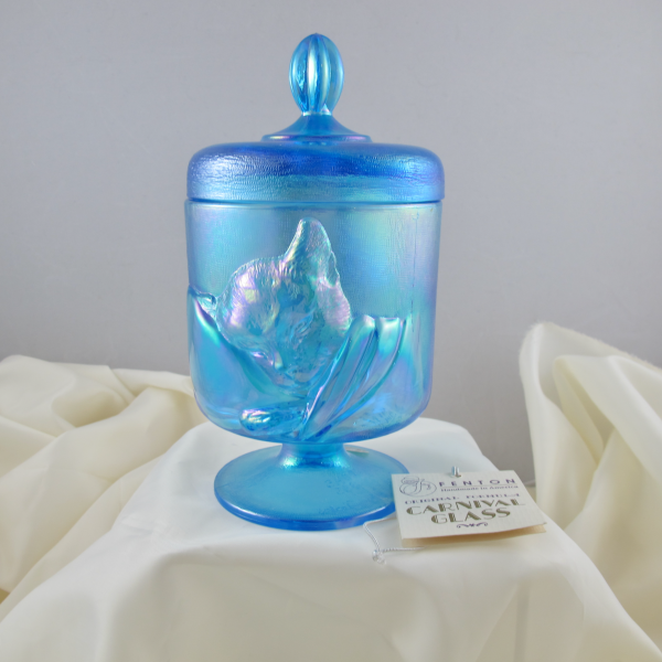 Fenton Chessie Cat Sapphire Blue  Carnival Glass Candy Jar Box
