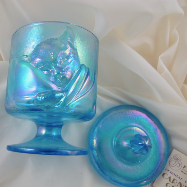 Fenton Chessie Cat Sapphire Blue  Carnival Glass Candy Jar Box