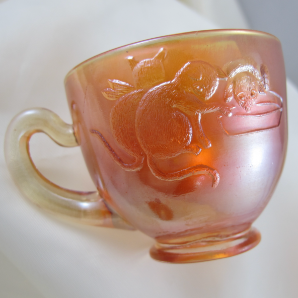 Antique Fenton Kittens Marigold Carnival Glass Cup & Saucer