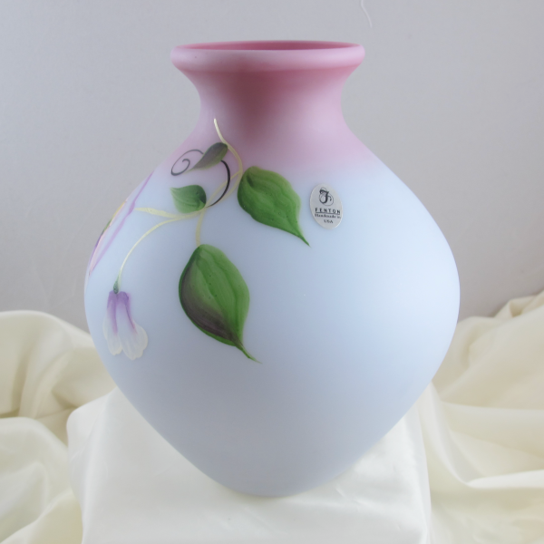 Fenton Blue Burmese Butterfly Art Glass Bulbous Vase