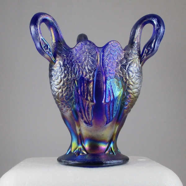 Imperial Blue 3 Swans Carnival Glass Vase