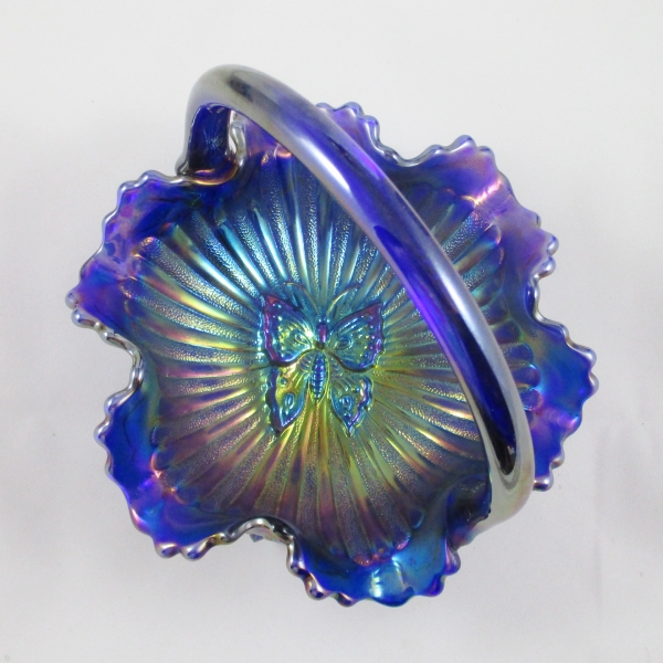 Fenton Marigold Cobalt Butterfly Carnival Glass Handled Basket