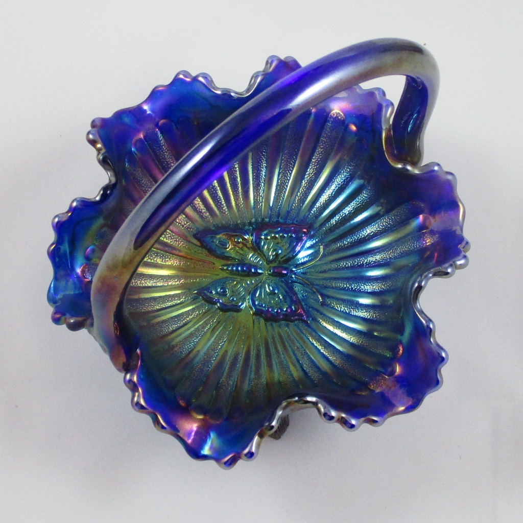 Fenton Marigold Cobalt Butterfly Carnival Glass Handled Basket