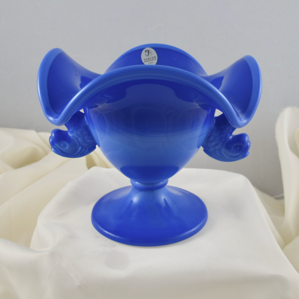 Fenton Periwinkle Blue Double Dolphins Slag Art Glass Ruffled Vase Compote