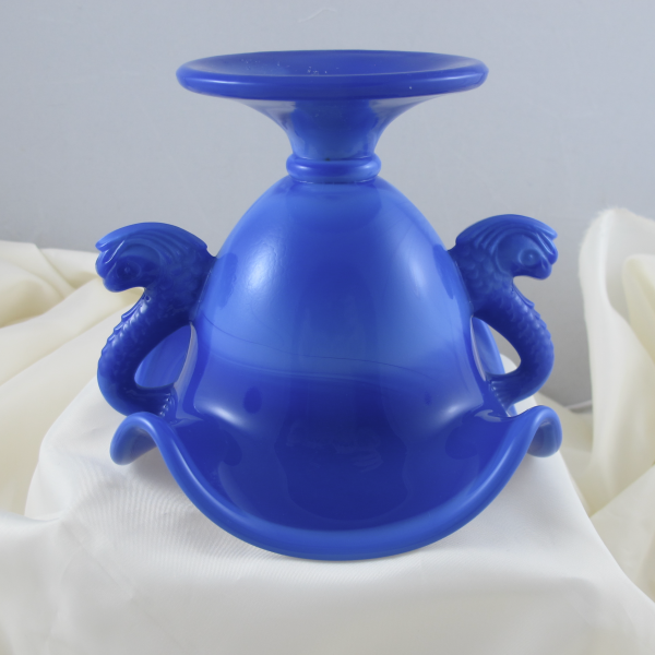 Fenton Periwinkle Blue Double Dolphins Slag Art Glass Ruffled Vase Compote