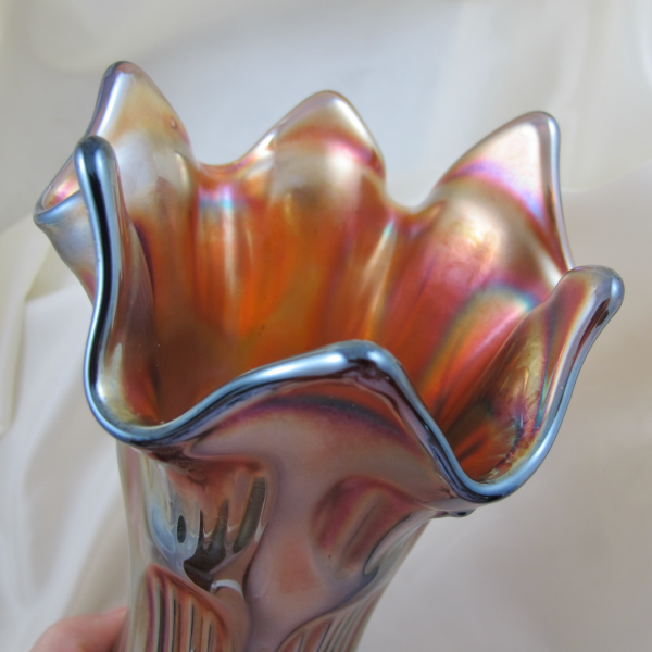Antique Fenton Diamond & Rib Amethyst Carnival Glass Squat Vase