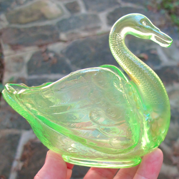 Antique Dugan Diamond Vaseline Swan Carnival Glass Salt