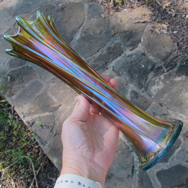 Antique Dugan Aqua Sapphire Blue Spiralex Carnival Glass Vase