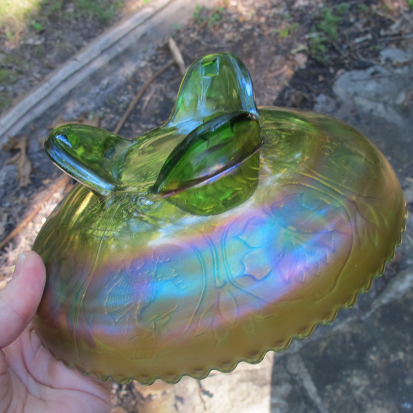 Antique Fenton Apple Green Dragon & Lotus Carnival Glass Bowl