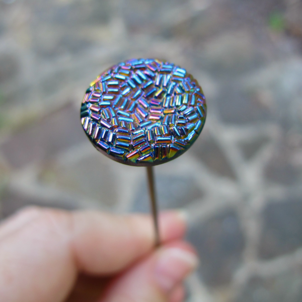 Antique Multi-Color & Bars Amethyst Carnival Glass Button Hatpin
