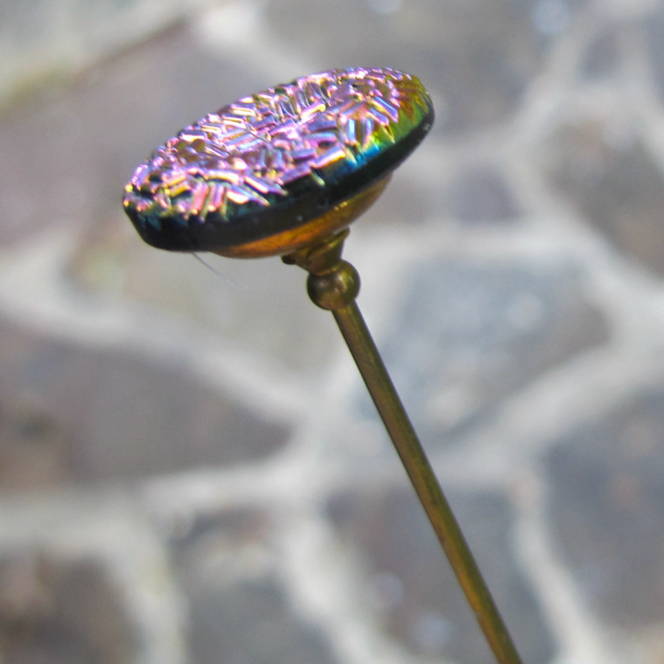 Antique Multi-Color & Bars Amethyst Carnival Glass Button Hatpin
