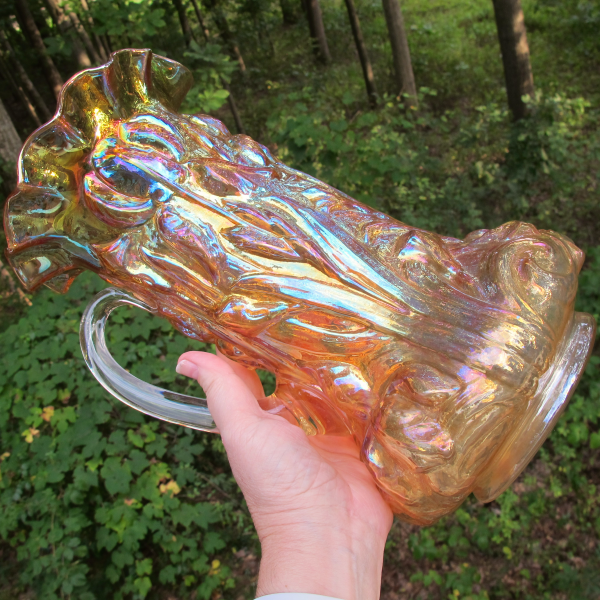 Antique Dugan Heavy Iris Marigold Carnival Glass Water Pitcher