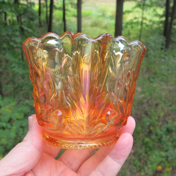 Antique Fenton Waterlily & Cattails Marigold Carnival Glass Mini-Vase Toothpick Holder
