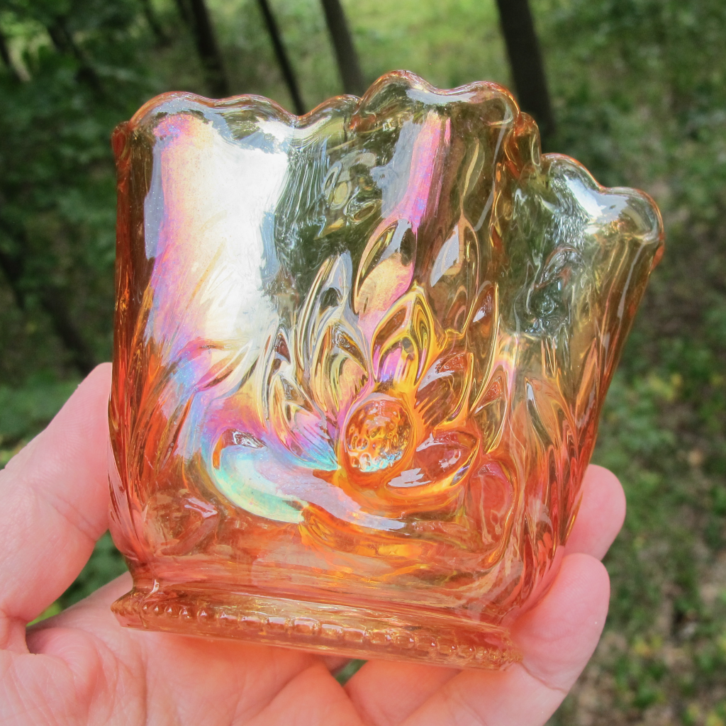 Antique Fenton Waterlily & Cattails Marigold Carnival Glass MiniVase