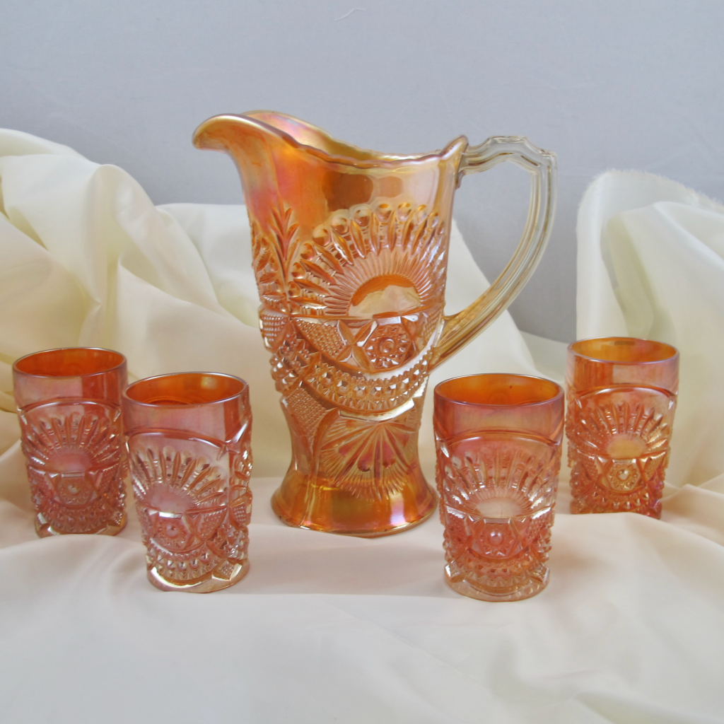 Antique US Glass? Rising Sun Marigold Carnival Glass Juice Set