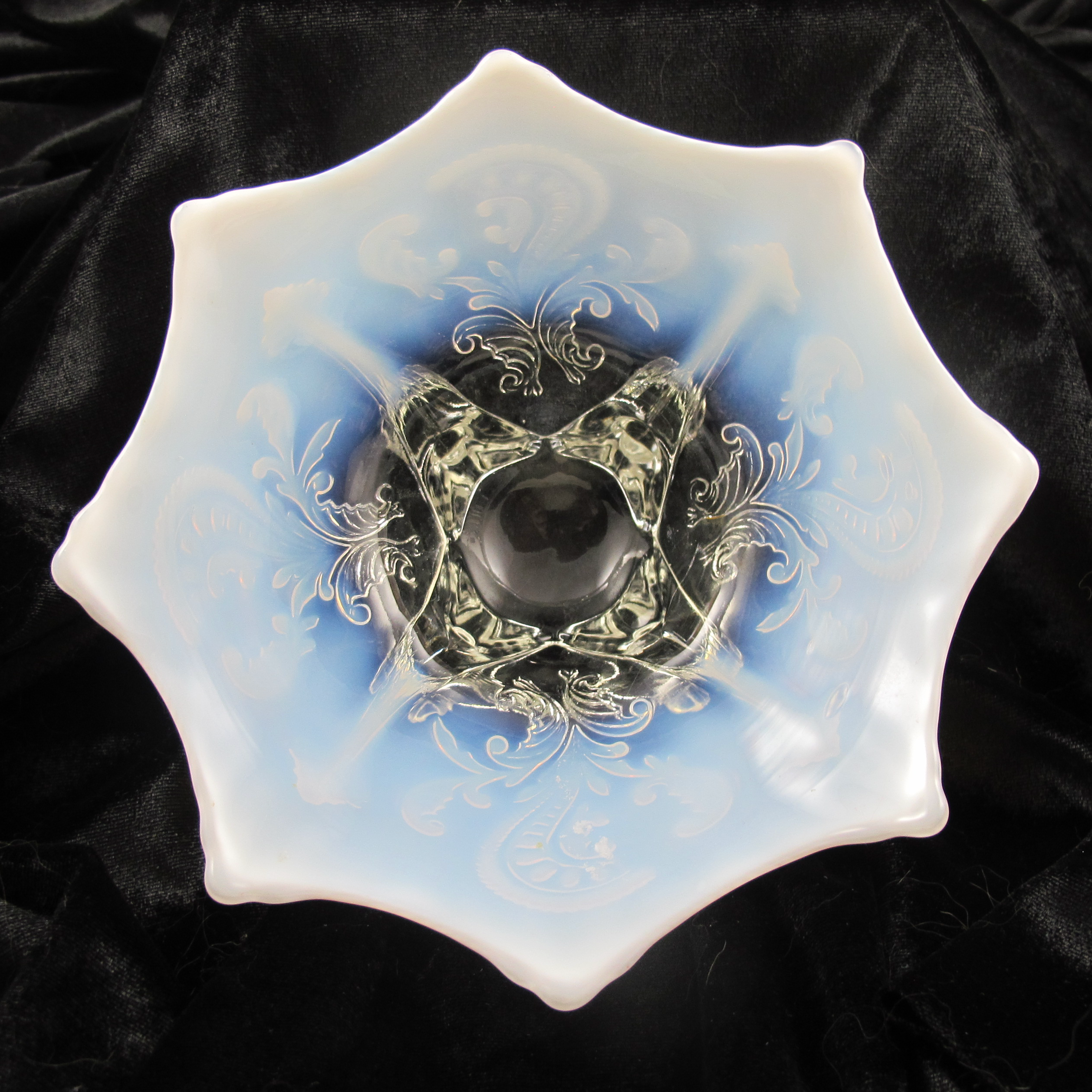 Antique Dugan White Opal Inverted Fan & Feather Opalescent Glass Flared Bowl or Card Tray Antique Dugan White Opal Inverted Fan & Feather Opalescent Glass Flared Bowl or Card Tray