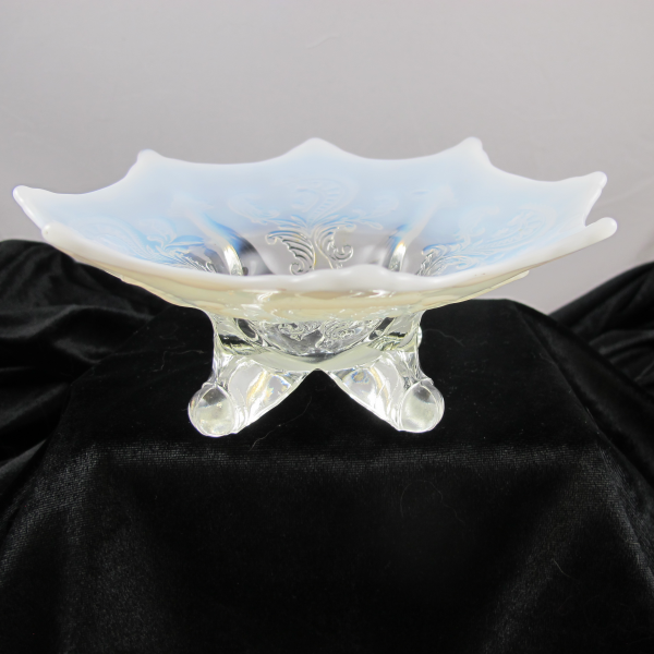 Antique Dugan White Opal Inverted Fan & Feather Opalescent Glass Flared Bowl or Card Tray