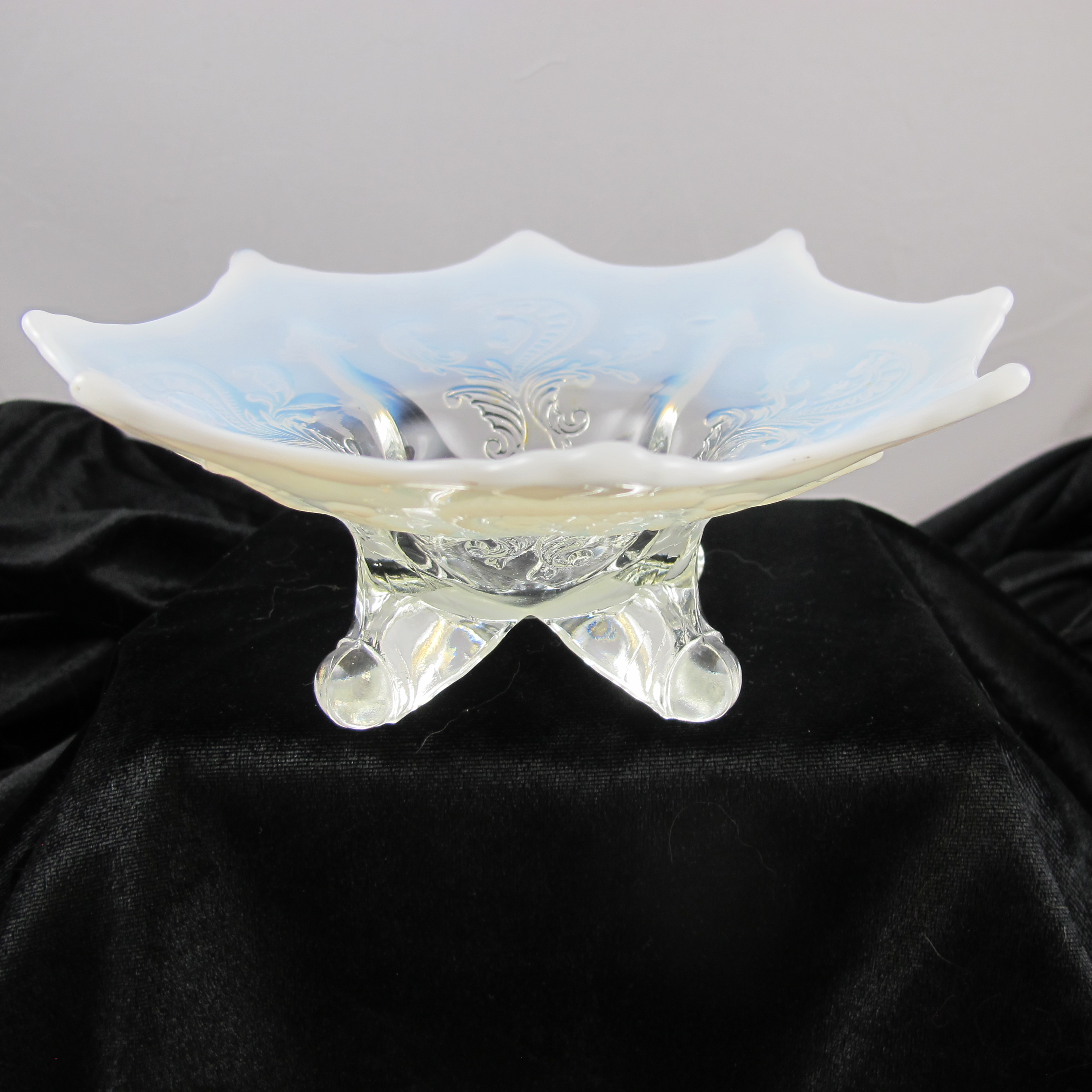 Antique Dugan White Opal Inverted Fan & Feather Opalescent Glass Flared Bowl or Card Tray Antique Dugan White Opal Inverted Fan & Feather Opalescent Glass Flared Bowl or Card Tray