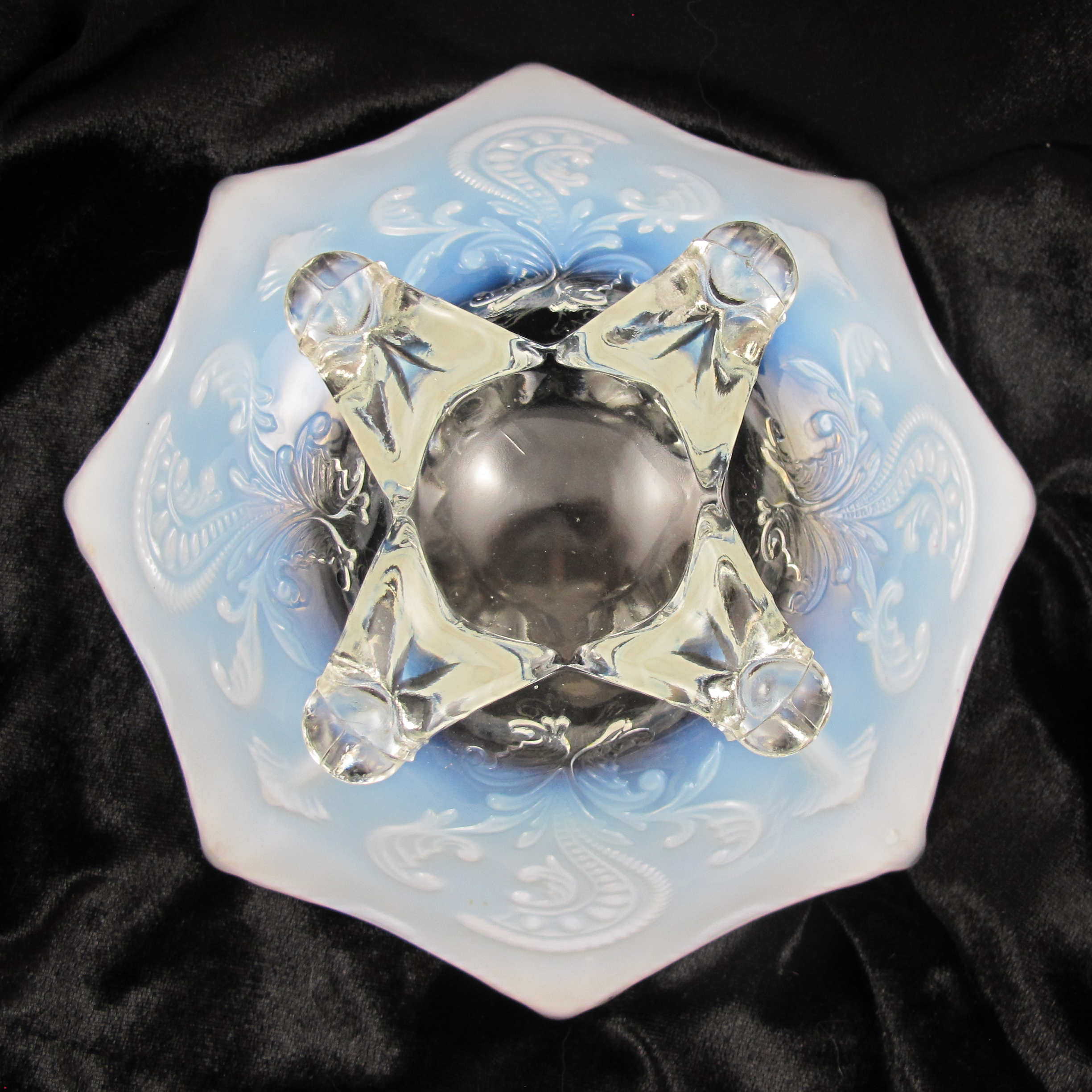 Antique Dugan White Opal Inverted Fan & Feather Opalescent Glass Flared Bowl or Card Tray Antique Dugan White Opal Inverted Fan & Feather Opalescent Glass Flared Bowl or Card Tray