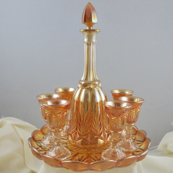 Antique Star & Fan Marigold Carnival Glass Cordial Set – Decanter w Undertray