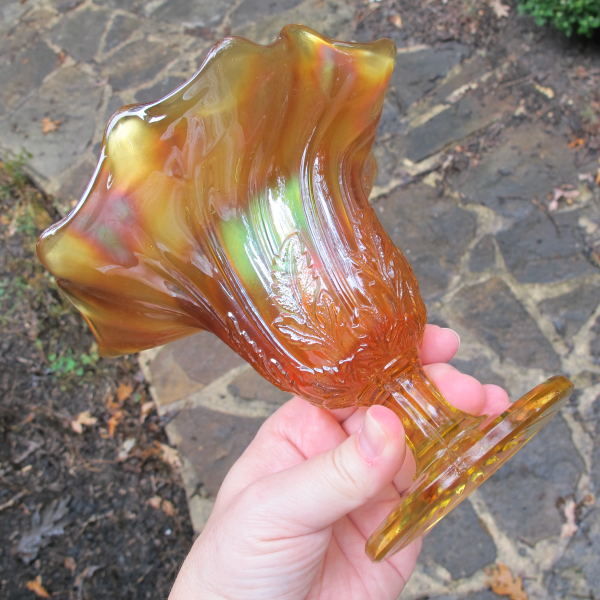 Antique Westmoreland Leaf Swirl Yellow Carnival Glass Compote