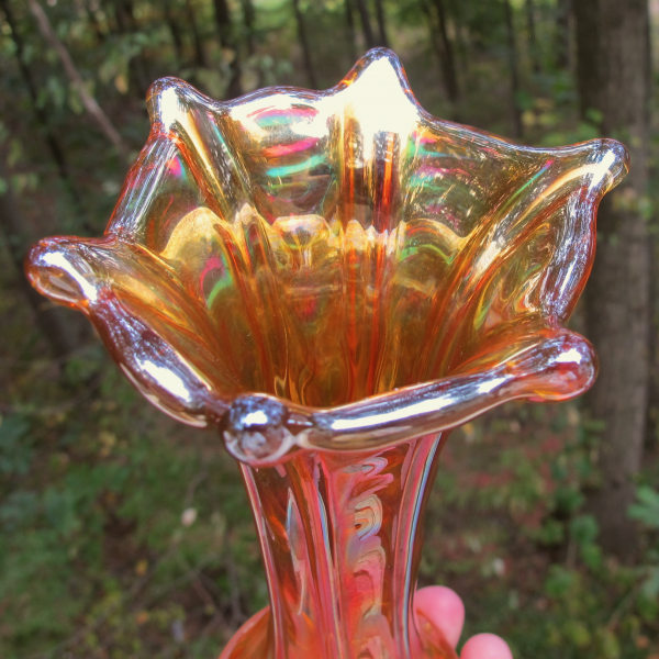 Antique Imperial Thin Rib & Drape Pumpkin Marigold Carnival Glass Mini Vase
