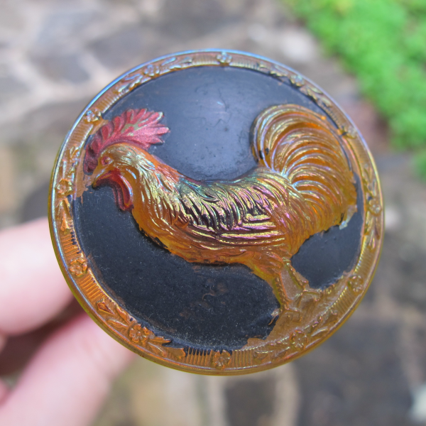 Antique “Rooster” Painted AMBER Carnival Glass Hatpin