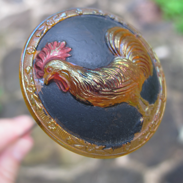 Antique “Rooster” Painted AMBER Carnival Glass Hatpin