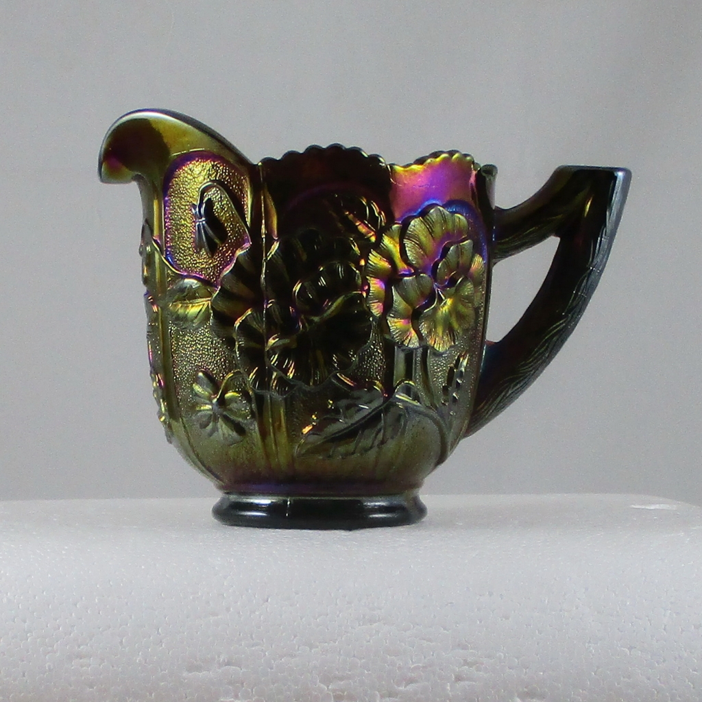 Antique Imperial Purple Pansy Carnival Glass Creamer & Sugar Set