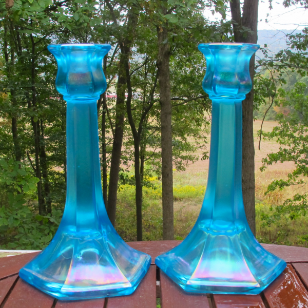 Antique Northwood #657 Celeste Blue Stretch Carnival Glass Candleholders