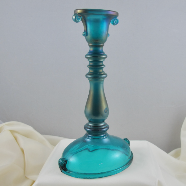 Antique Imperial Double Scroll Teal Stretch Carnival Glass Candleholder
