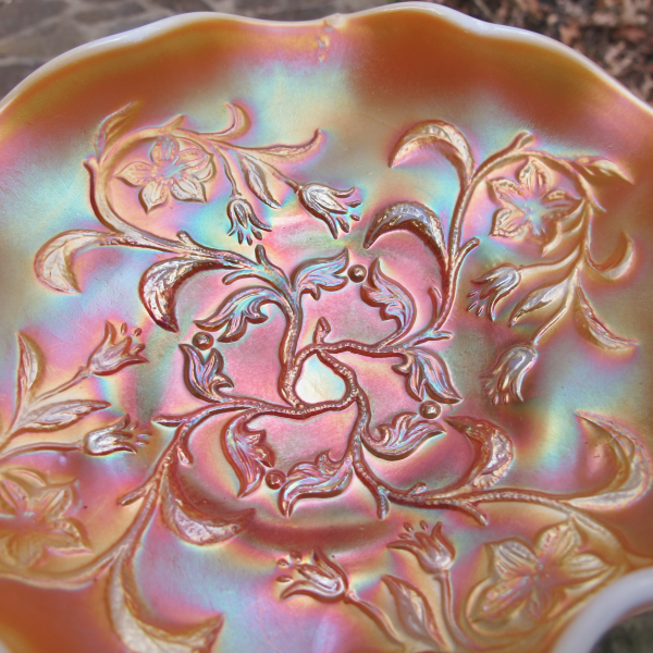 Antique Dugan Bells & Beads Peach Opal Carnival Glass Bowl