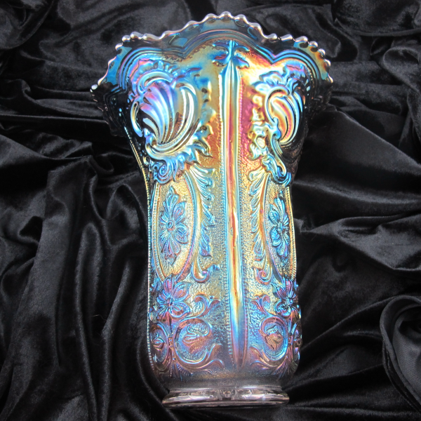 Imperial Scroll & Flower Panels Smoke Carnival Glass Vase Ruffled